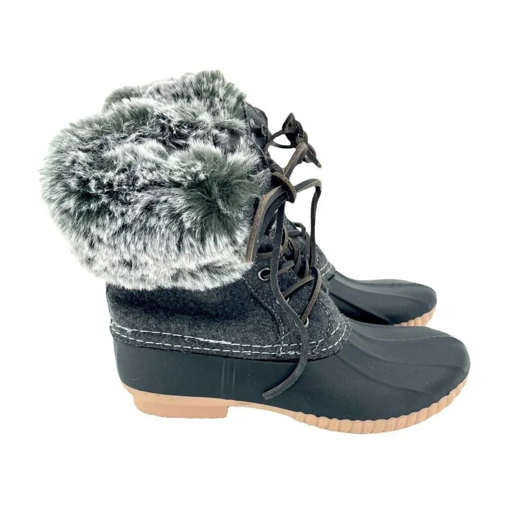 Report Faux Fur Trimmed Tweed Rubber Duck Boots Black Gray SZ 6 NEW